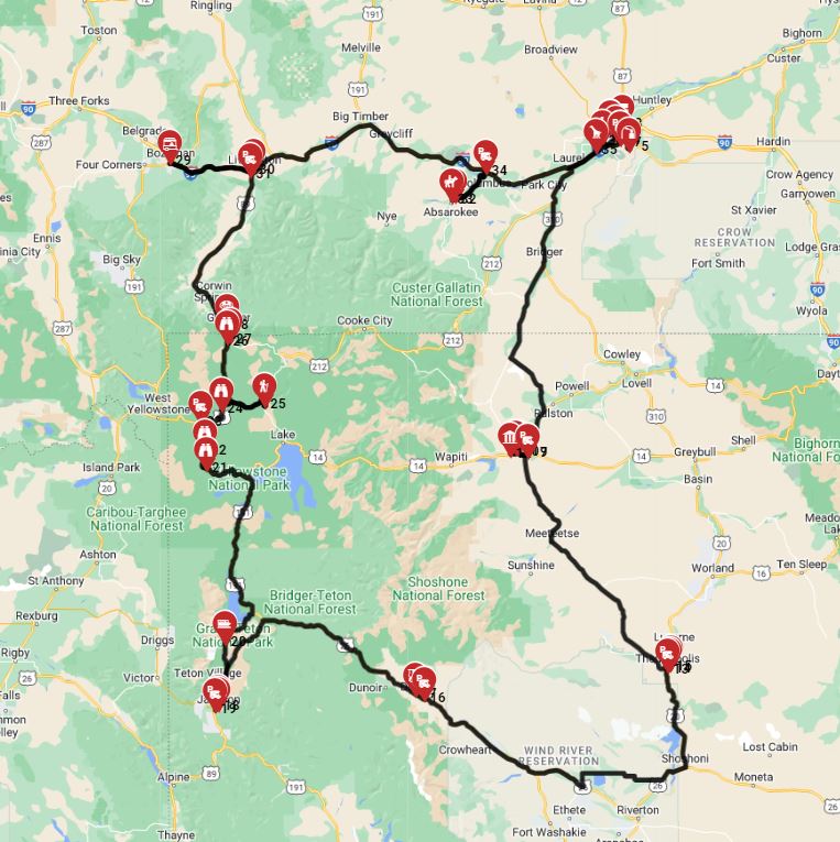 Map for Billings Roundtrip - South - Including  Yellowstone